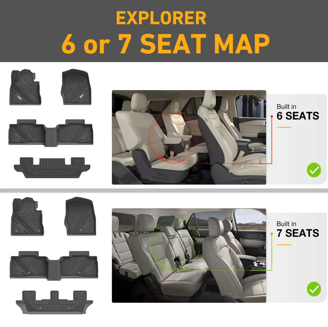 3W Ford Explorer 2020-2023 Custom Floor Mats TPE Material & All-Weather Protection - Image 13