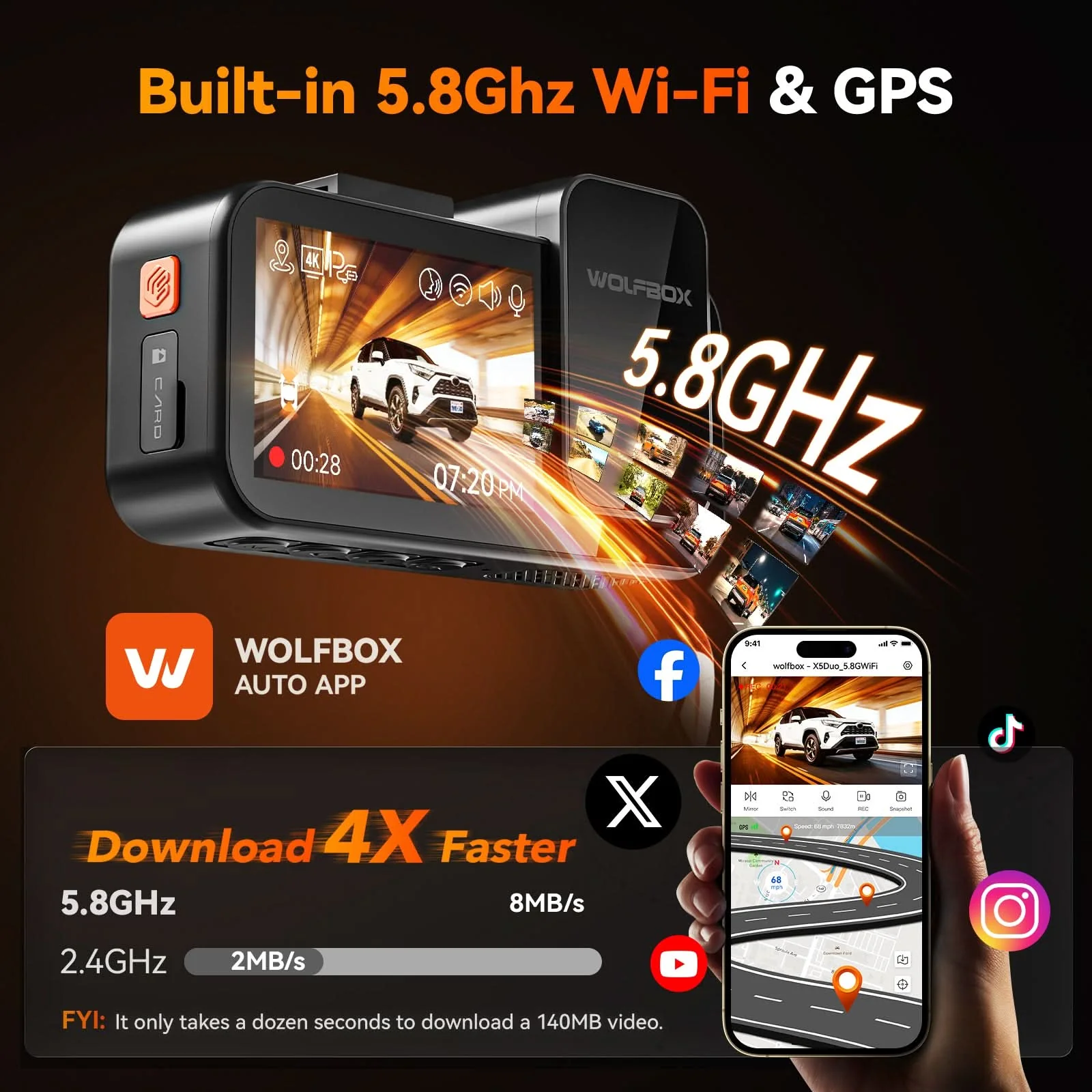 Wolfbox X5 Duo 4K+2.5K STARVIS 2 IMX678 Front and Rear MIni Dash Cam - Image 8